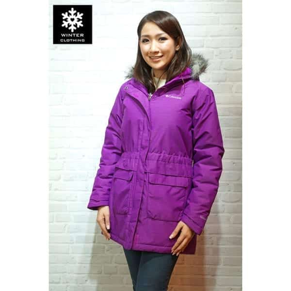 เช่าเสื้อกันหนาว columbia waterproof เฟอร์ เที่ยวต่างประเทศ สีม่วง เสื้อโค๊ท เช่าชุดกันหนาว omni heat