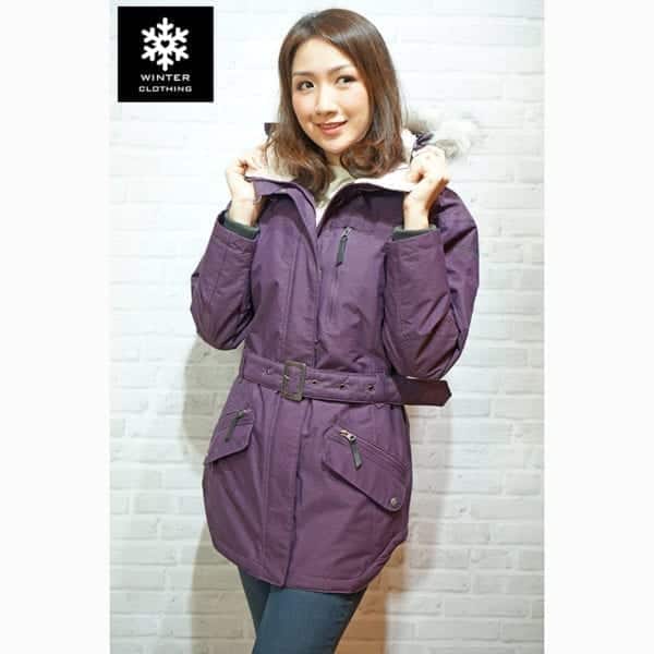 เช่าเสื้อกันหนาว เสื้อโค้ท Columbia สีม่วง waterproof เช่าชุดกันหนาว เที่ยวต่างประเทศ