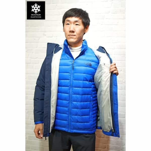 เช่าเสื้อกันหนาว Jacket north face สีน้ำเงิน ขนห่าน waterproof เช่าชุดกันหนาว เที่ยวต่างประเทศ