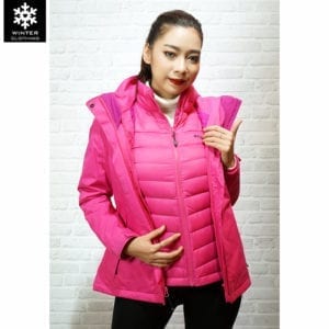 เช่าเสื้อกันหนาว Jacket Columbia สีชมพู ขนเป็ด waterproof เช่าชุดกันหนาว เที่ยวต่างประเทศ