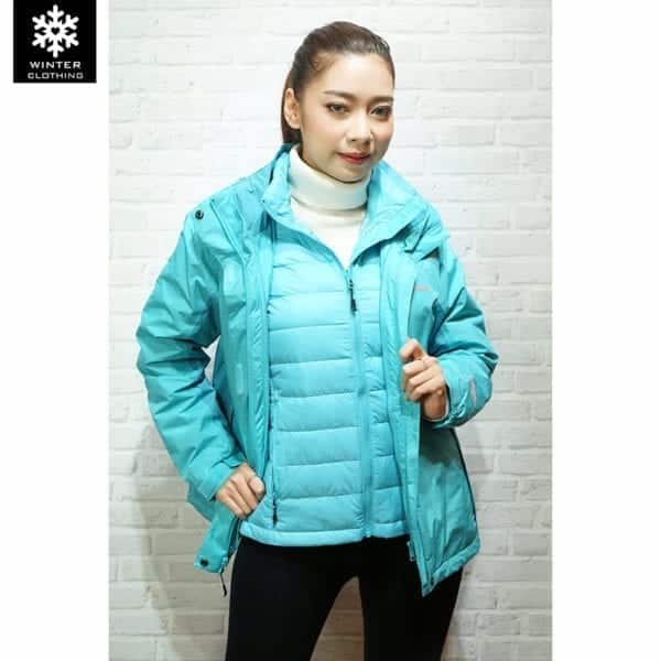เช่าเสื้อกันหนาว Jacket Columbia สีฟ้า ขนเป็ด waterproof เช่าชุดกันหนาว เที่ยวต่างประเทศ